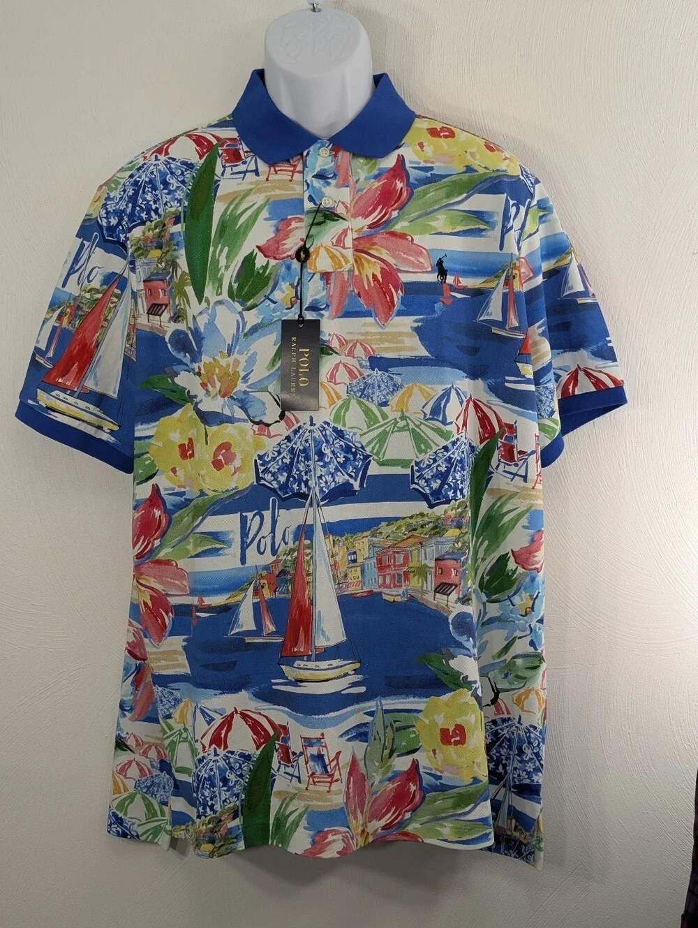 NEW Polo by Ralph Lauren Large Riviera Print Mesh Cotton Polo Tropical Sailboat